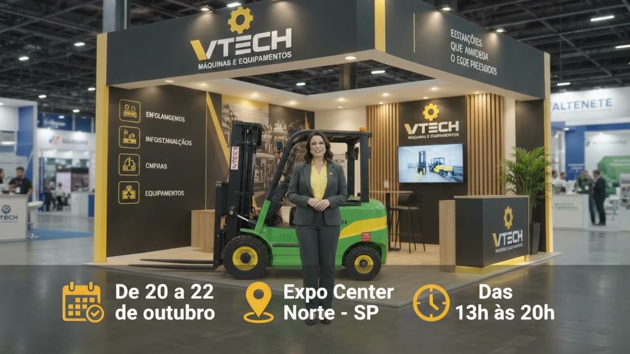 Stand da VTECH na Eco Expo 2026, com a faixa: de 20 a 22 de outubro, Expo Center Norte, São Paulo, das 13h às 20h.