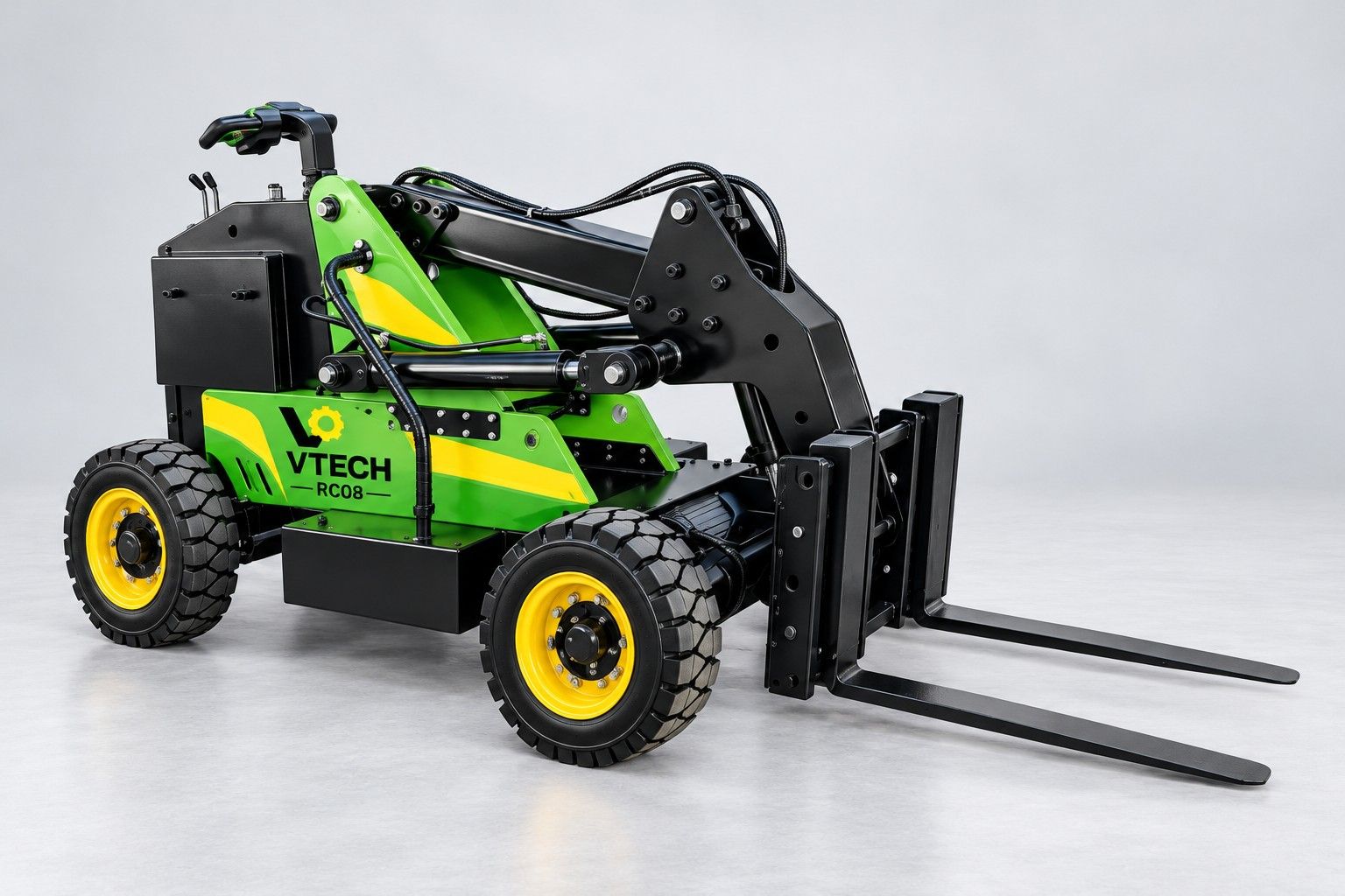 Empilhadeira por controle remoto VTECH RC08, verde e preta, compacta e sem cabine, em fundo cinza de estúdio.
